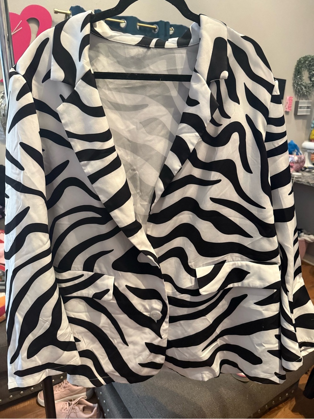 Zebra print blazer jacket 4XL, shoulder pads, bold animal print